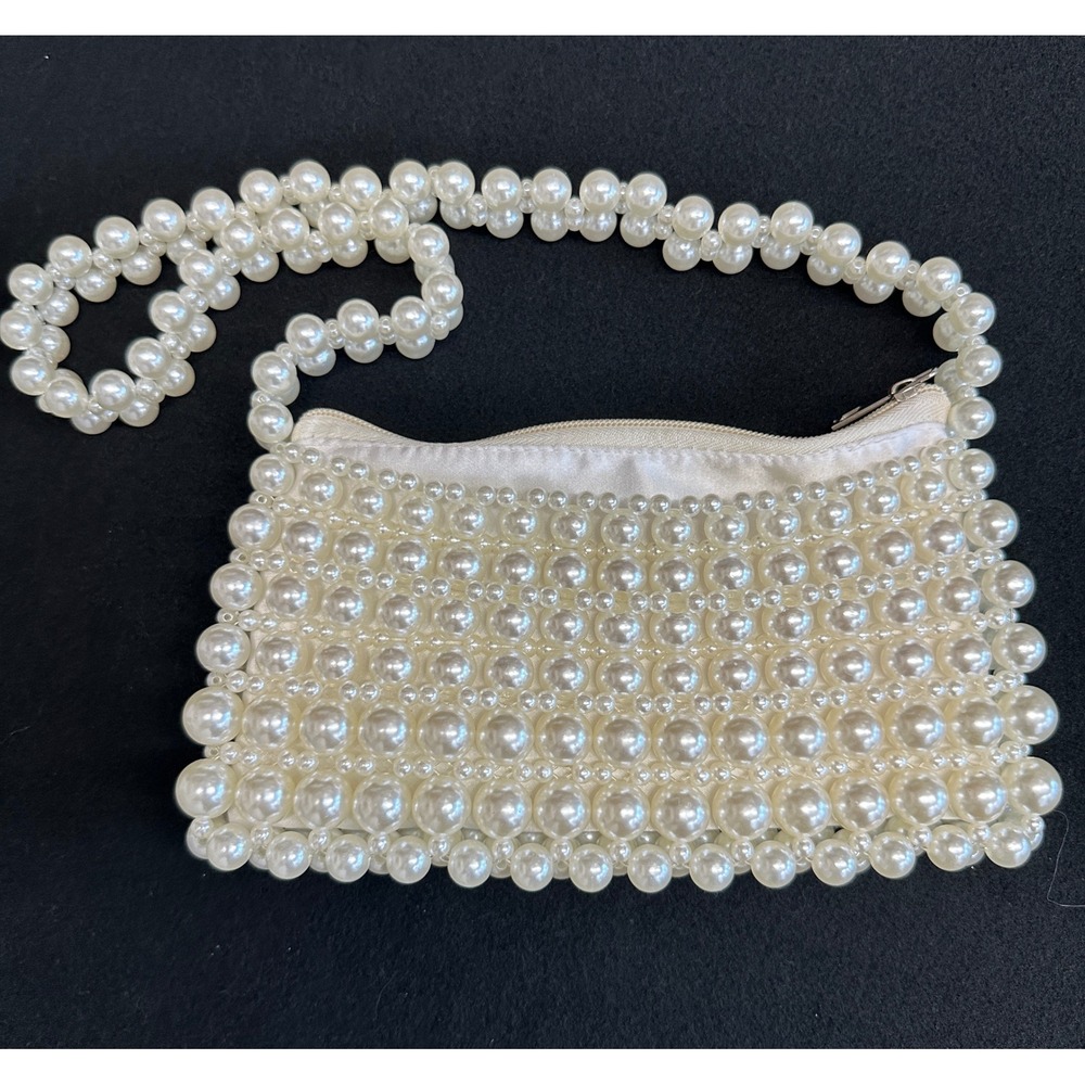 Vintage Style Ivory Faux Pearl Beaded Baguette Shoulder Bag Evening Purse